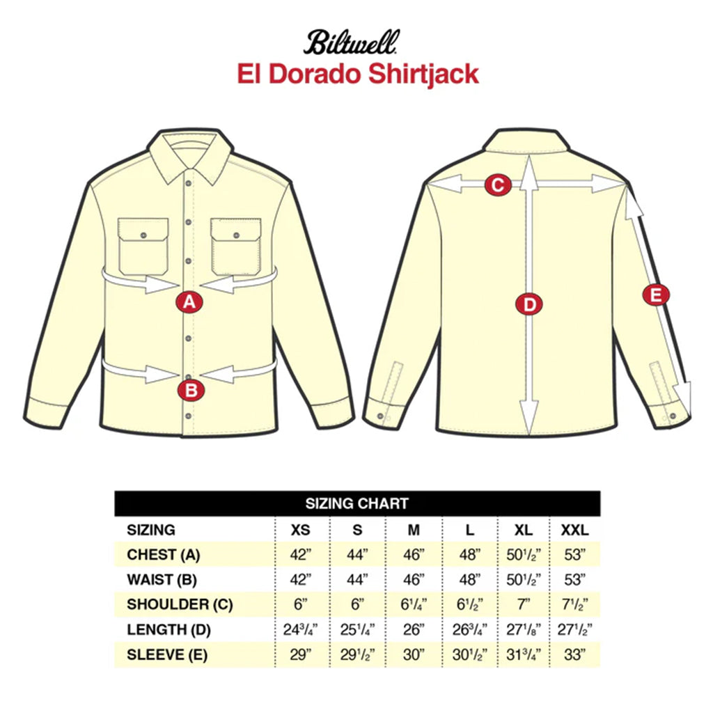 Biltwell - Hi Test Black Flannel Shirt Size Guide