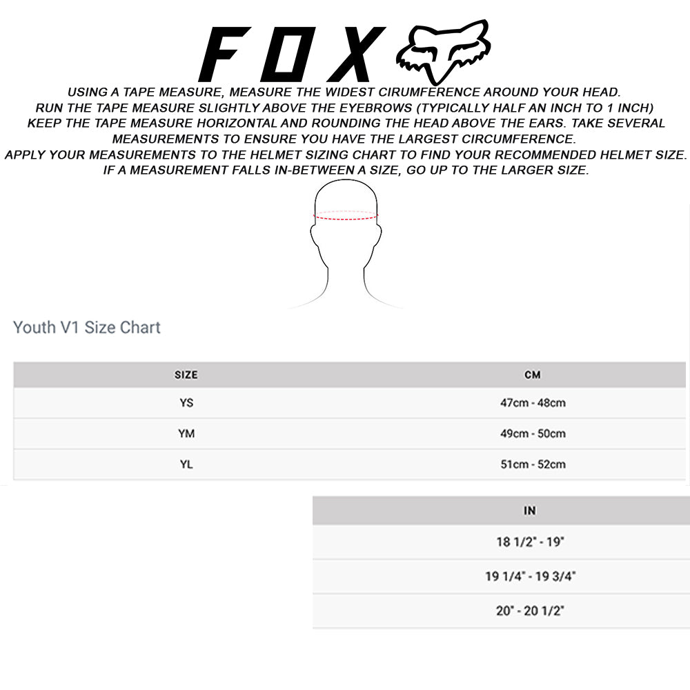 Fox - 2019 V1 Youth Czar Helmet Size Guide