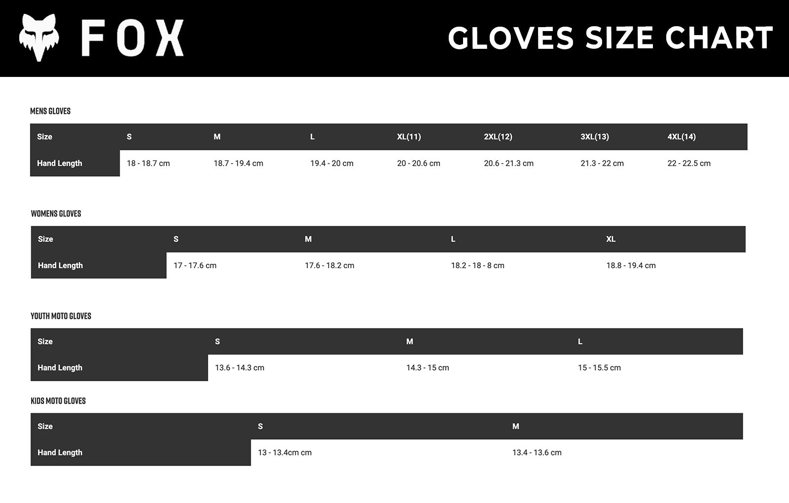 Fox - 2022 Womens 180 Skew Gloves Size Guide