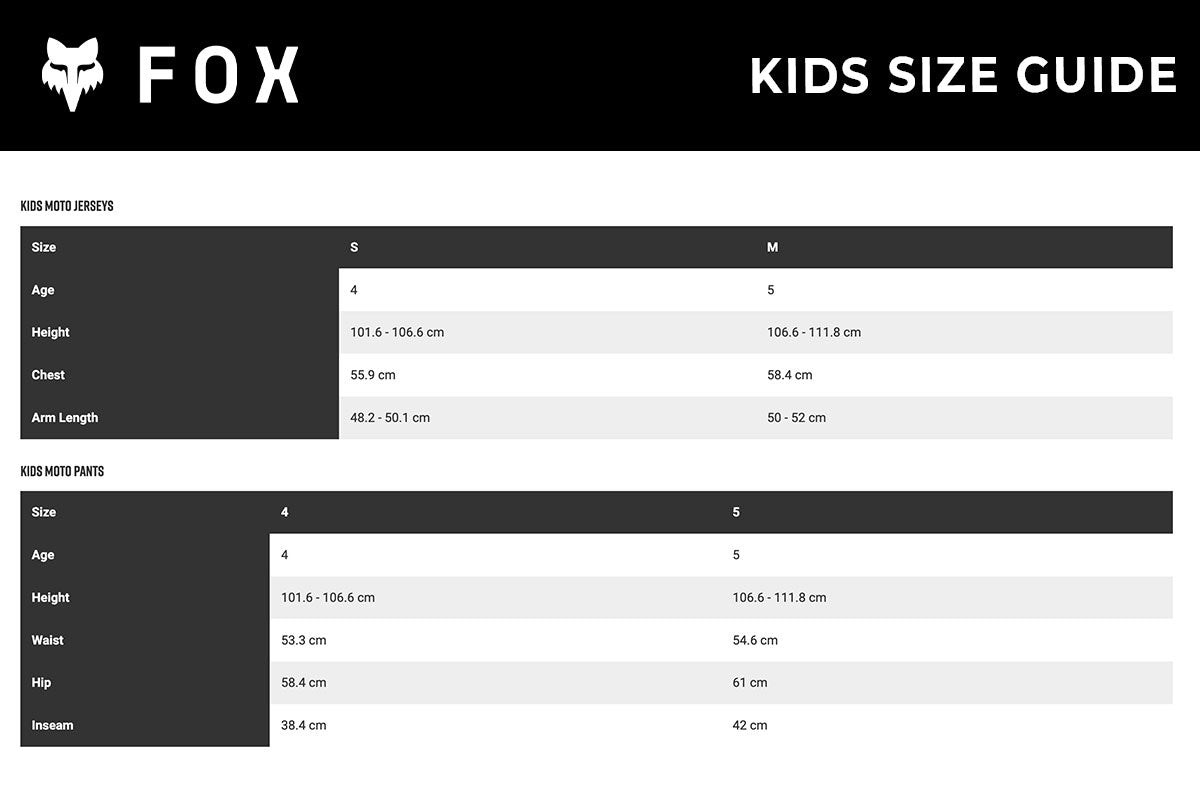 Fox - 2021 Kids Girls 180 Voke Combo Size Guide