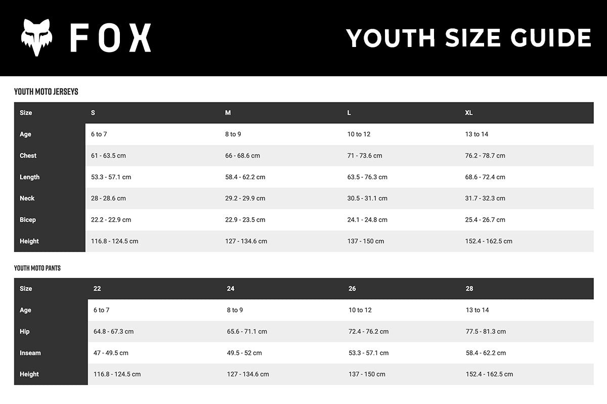 Fox - 2021 Youth Girls 180 Voke Combo Size Guide