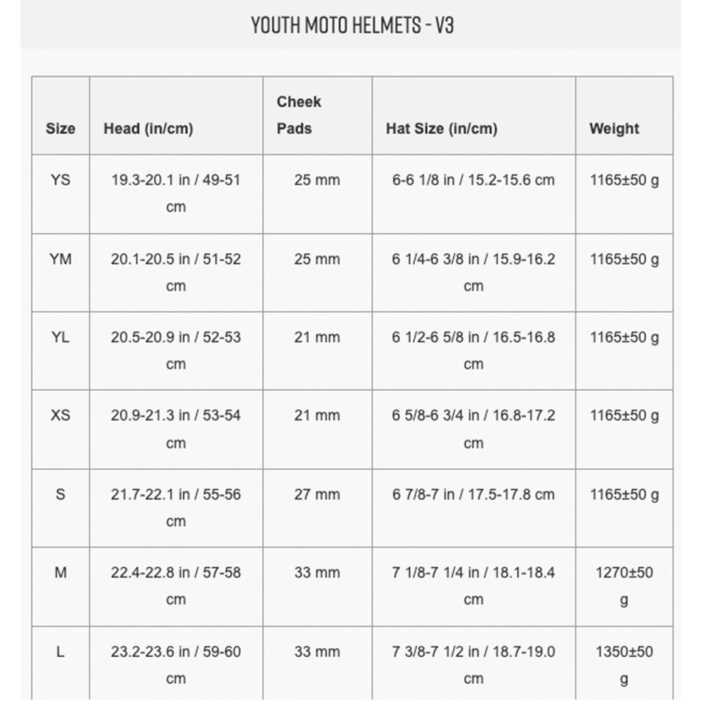 Fox - Youth V3 Impression Dark Shadow Helmet Size Guide