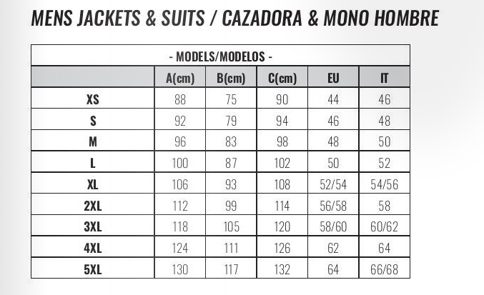 Ixon - Pitrace Summer Road Jacket Size Guide