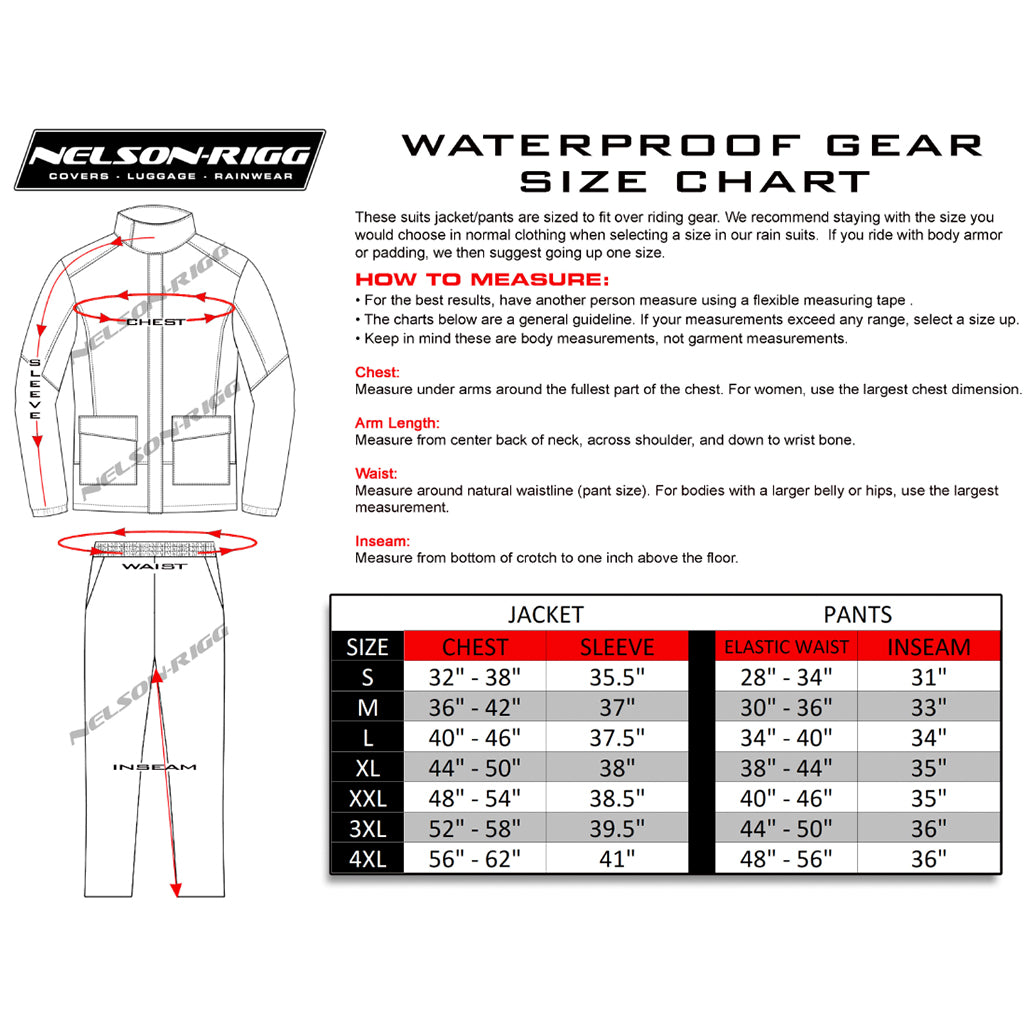 Nelson Rigg - Solo Storm Black Rain Jacket Size Guide