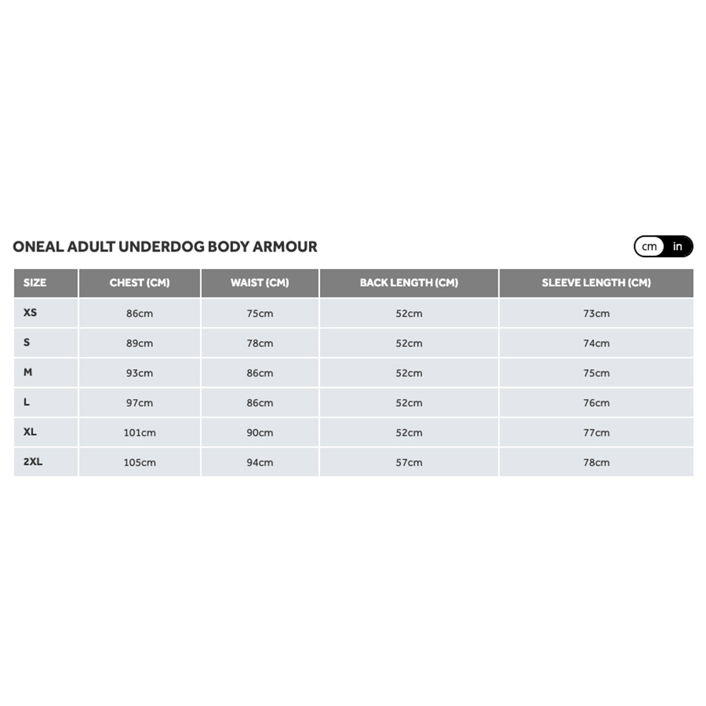 Oneal - Underdog Black Body Armour Size Guide