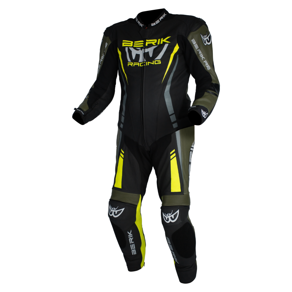 Berik - Sicily Black/Army/Yellow 1 Piece Leather Suit