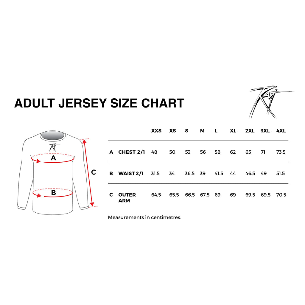 Rat Racing - Cola White/Blue/Red Jersey Size Guide