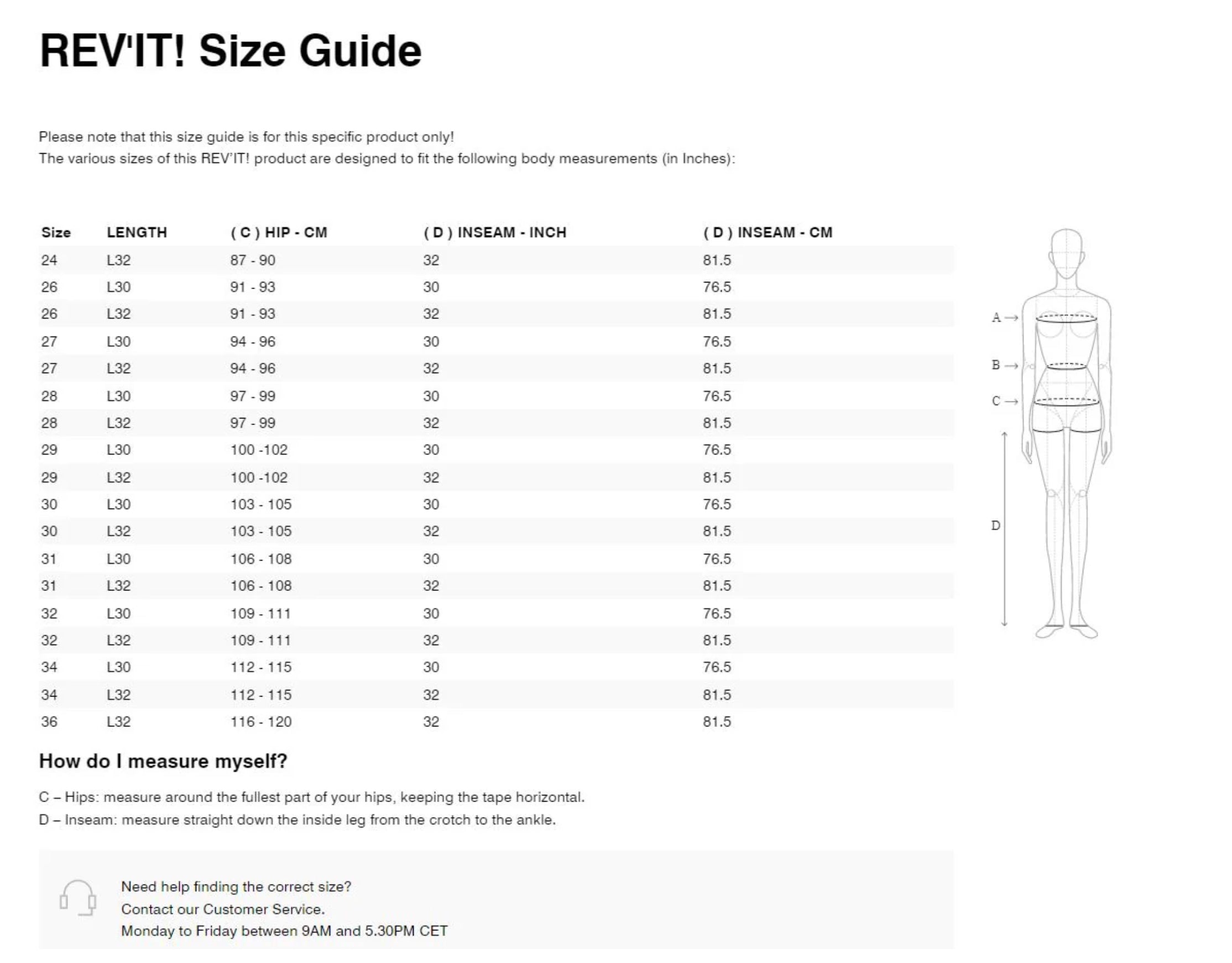 Rev-It - Maple Ladies Black Jeans Size Guide