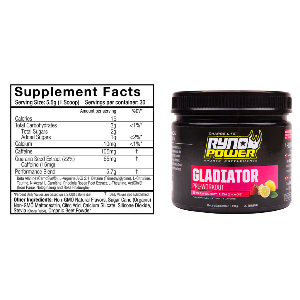 Ryno Power - Gladiator Strawberry Lemon Preworkout - 150g