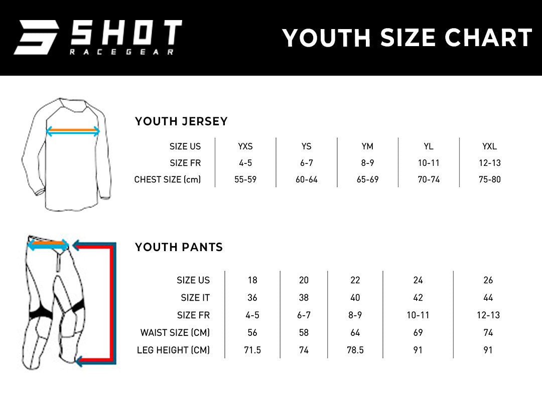 Shot - 2023 Youth Raw Escape Black/Red MX Combo Size Guide