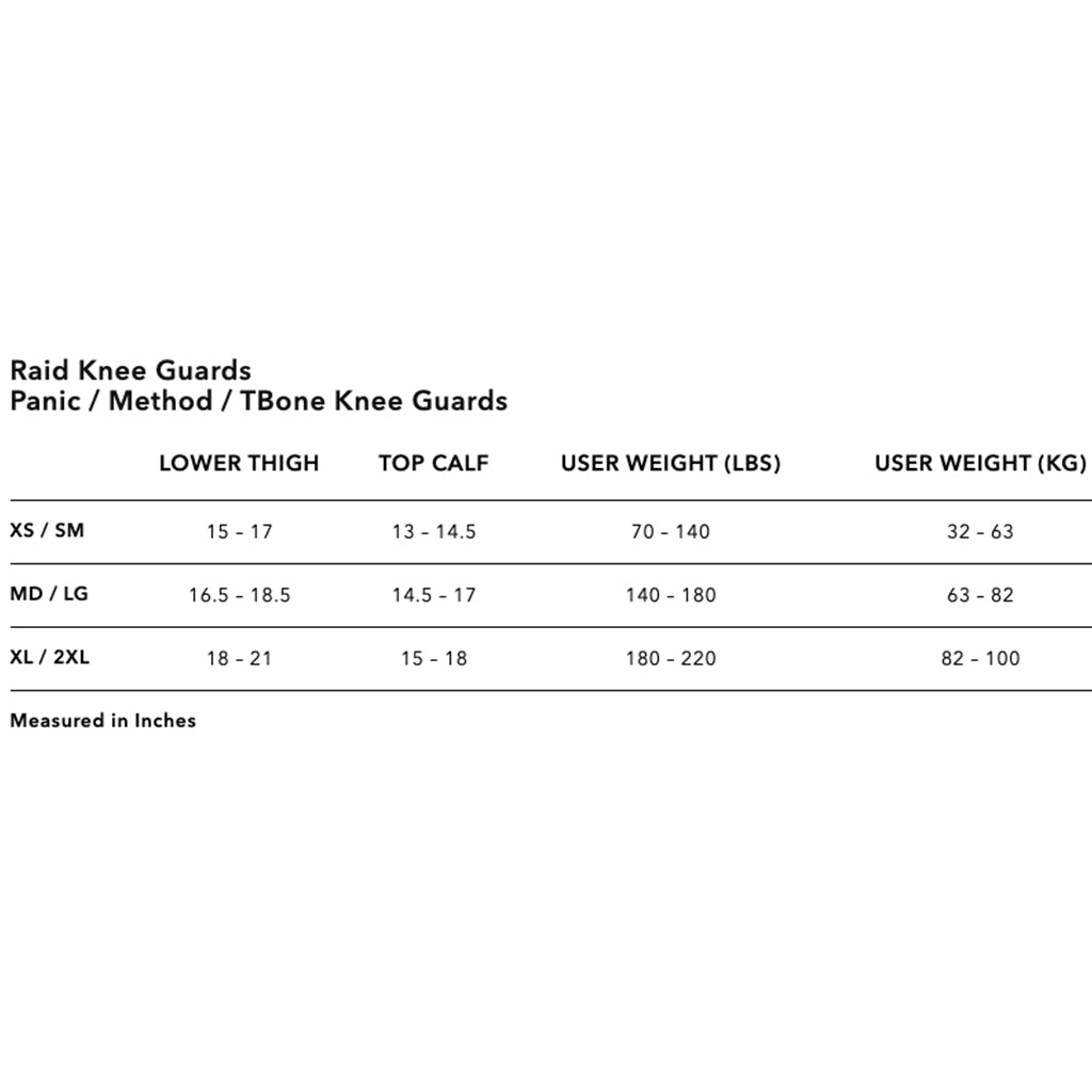 TLD - 2025 T-Bone Black Knee Guard Size Guide