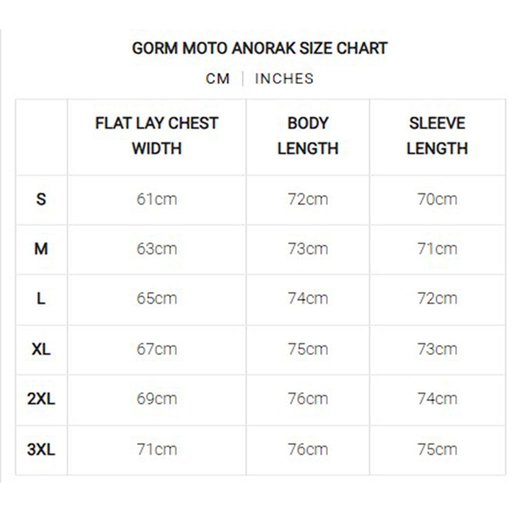 Akin Moto - Gorm Moto Black Anorak Size Guide
