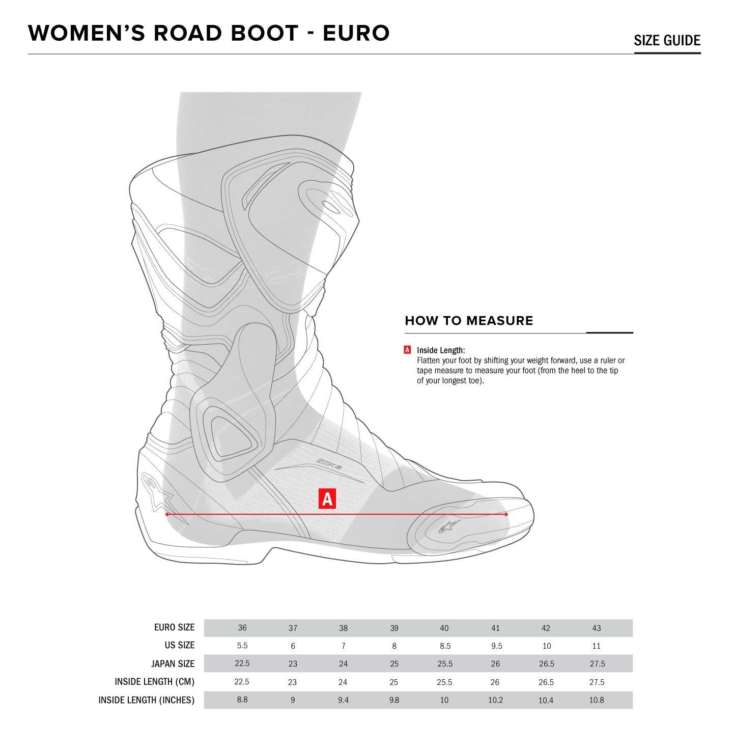 Alpinestars - Stella SMX-6 V2 Road Boots Size Guide