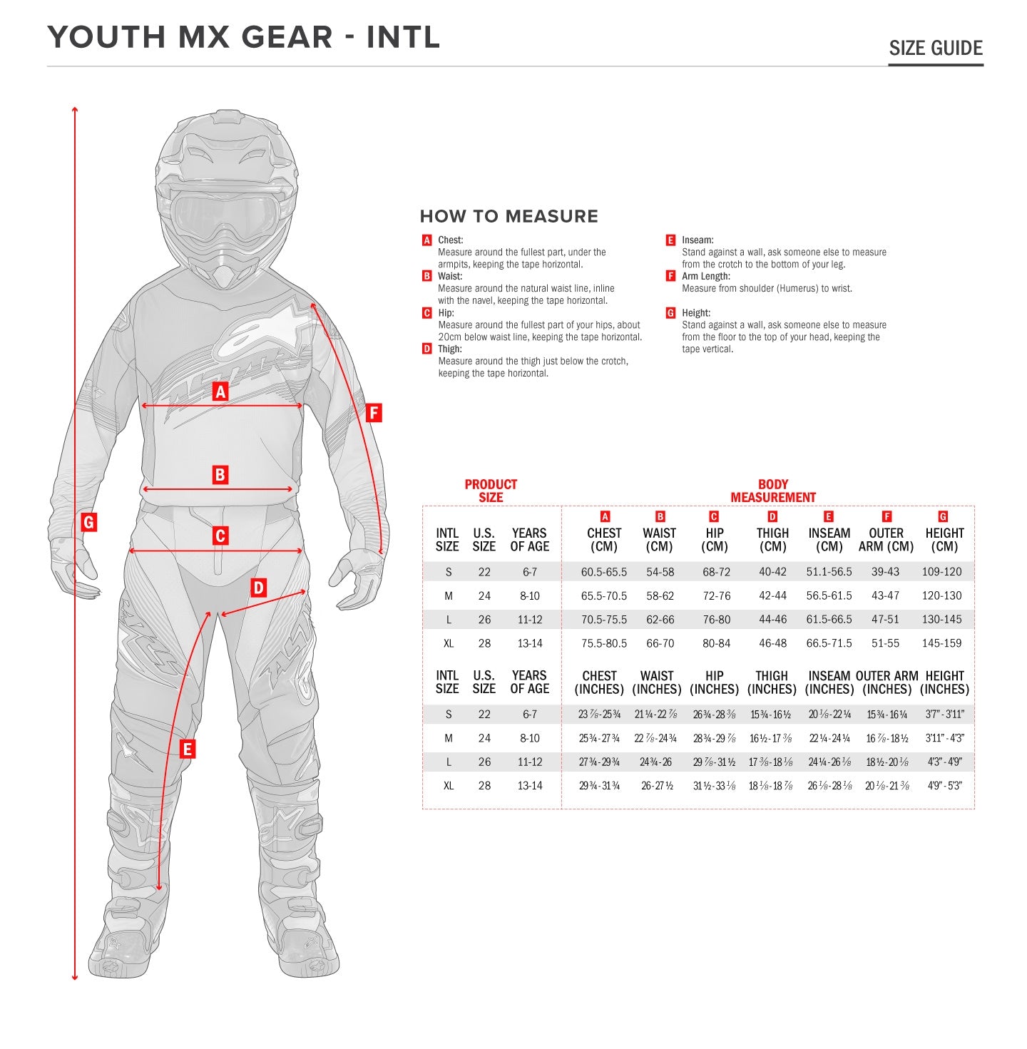 Alpinestars - 2020 Youth Racer Factory Jersey Size Guide