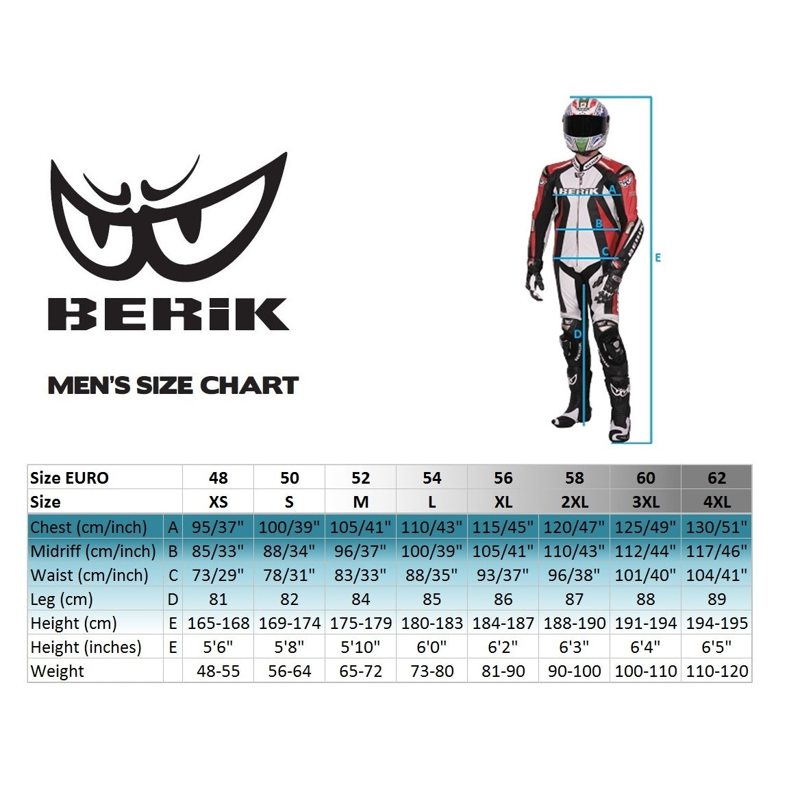 Berik - Spectre Leather Race Suit Size Guide