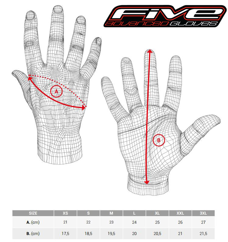 Five - WFX2 Evo W/P Black Glove Size Guide