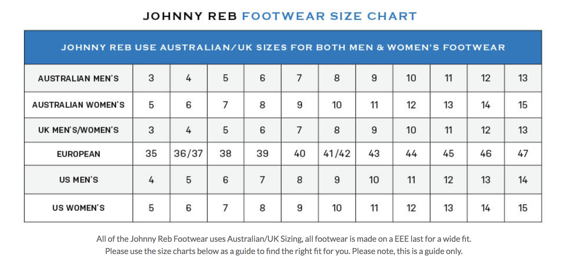 Johnny Reb - Rogue Boots Size Guide