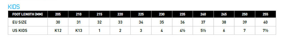 Shot - 2026 Kids Race 2 Black/White Boots Size Guide